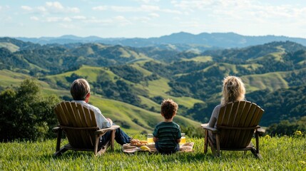 Family enjoys scenic hilltop picnic