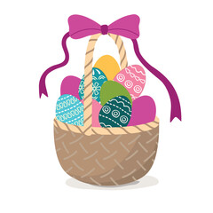 Basket with Easter eggs isolated on white background. Colorful hand-painted eggs with geometric patterns.The handle is decorated with a bow with ribbons.Design for card. Vector flat color illustration