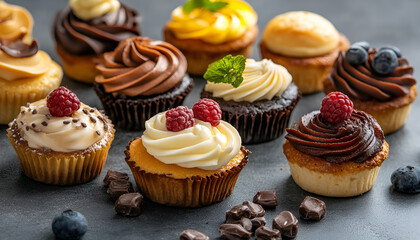 Various delicious pastries on a gray table, closed