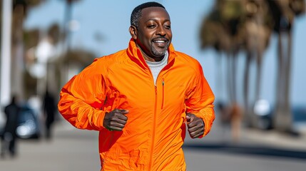 Fototapeta premium Happy Man Jogging Outdoors Wearing Orange Jacket