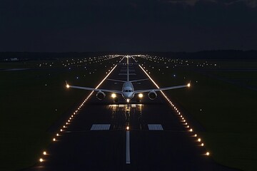 Airplane Landing at Night Runway Lights, Dark Airport, and Ground Perspective