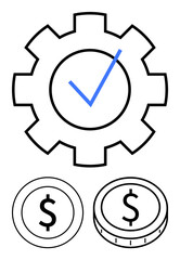 Gear with checkmark and dollar coins symbolizing financial management, workflow optimization, and success. Ideal for business, finance, productivity, goals, operations, cost-saving abstract line