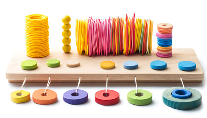Wooden pieces and string for threading activity isolated on white. Educational toy for motor skills development