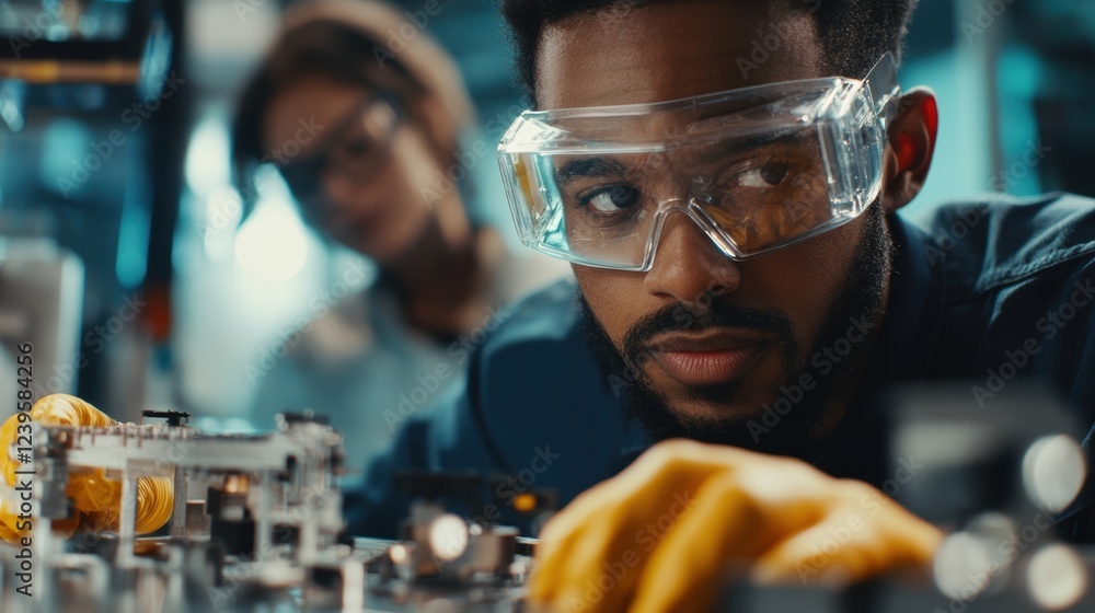 Poster medium closeup of assembly line workers a focused shot of engineers wearing safety goggles intently 