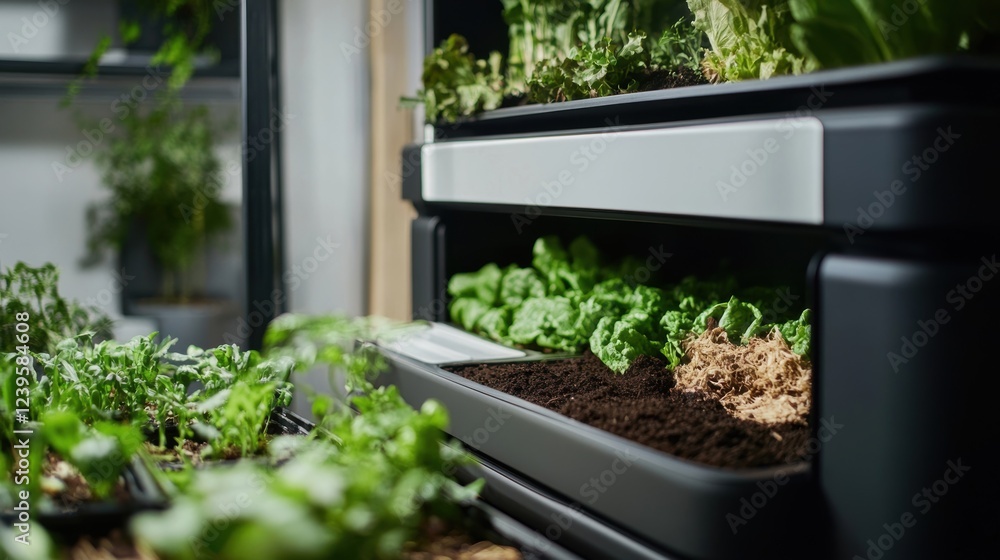 Poster a medium closeup of a compact composting unit beside modular farm setups with layers of organic wast