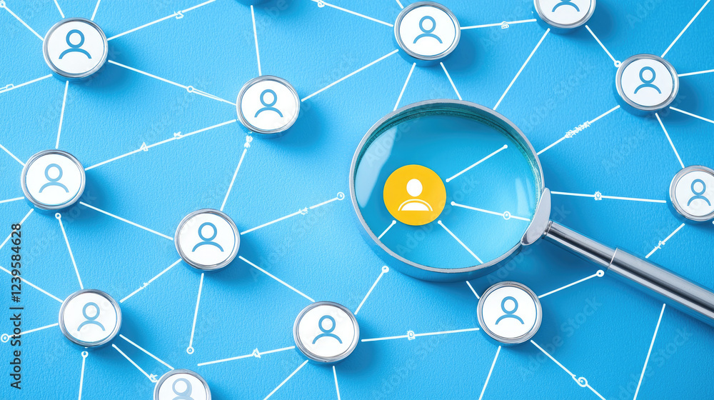 Poster human resources magnifying glass focuses on highlighted user in network of connections, symbolizing 
