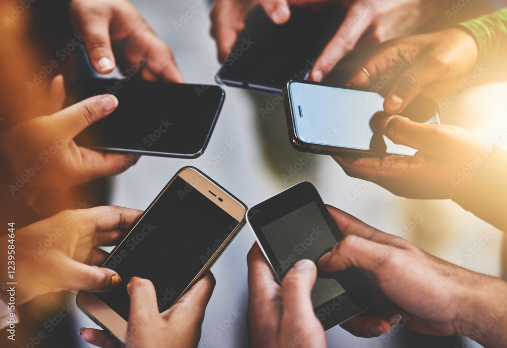 Aufkleber group, hands and smartphone for research, creative and online for competition analysis, digital and 