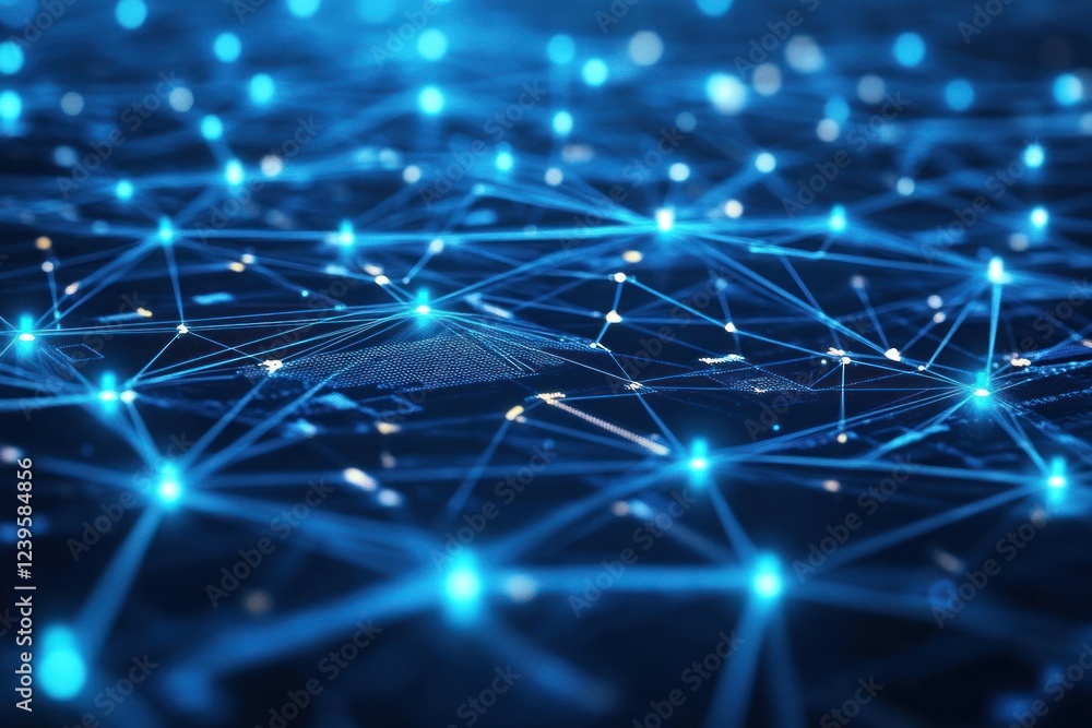 Aufkleber abstract blue digital network with glowing nodes. background is out of focus. stock media use