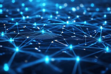 Abstract blue digital network with glowing nodes. Background is out of focus. Stock media use