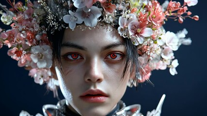 Portrait of a person adorned with floral headpiece showcasing intricate design and captivating features - Powered by Adobe