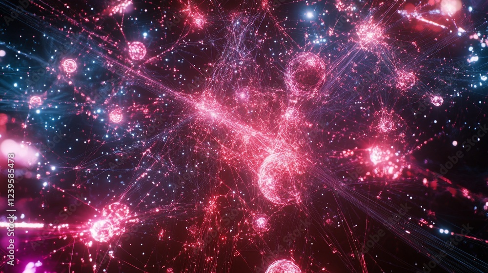 Poster abstract network connection background with glowing red and blue spherical nodes