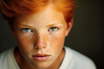 Close-up portrait of freckled redhead boy with striking green eyes. Youth, individuality, and natural beauty concept for children's day, genetics awareness, and diversity campaigns.
