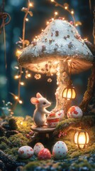Fototapeta premium In a magical forest, a small mouse enjoys a festive moment beneath a shimmering mushroom, surrounded by brightly decorated Easter eggs and glowing lanterns