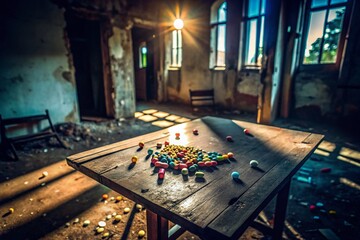 Fototapeta premium Abandoned Building: Mystery Pills on Weathered Wooden Table - Urban Exploration Stock Photo