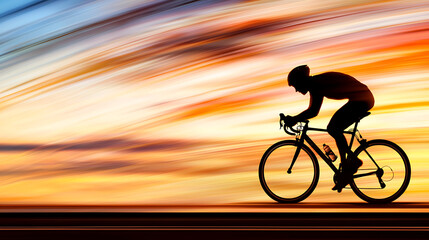 Fototapeta premium silhouette of cyclist riding against vibrant sunset backdrop, showcasing motion and energy