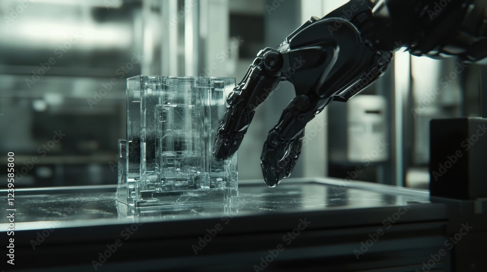 Poster featuring a robotic arm with intricate metallic fingers delicately inspecting a transparent cube in 