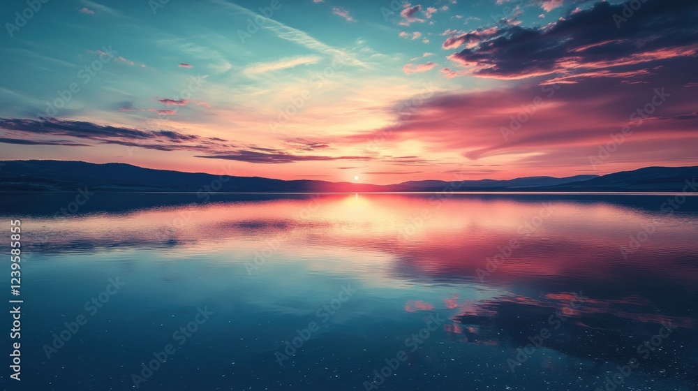 Poster majestic sunset reflecting on calm waters with colorful sky and distant mountains in peaceful settin