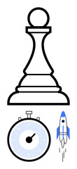 Chess pawn stopwatch and a rocket represent strategy time management, progress, success, innovation, and goals. Ideal for business, education, and personal development concepts. Line metaphor