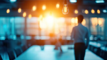 A person stands in a dimly lit office space, illuminated by warm light, with a modern ambiance and a focus on creativity and inspiration.