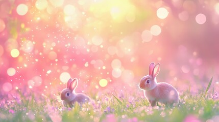 Obraz premium Soft bunnies frolic in a vibrant spring garden filled with pastel colors and sparkling lights, creating a joyful Easter atmosphere full of life and renewal