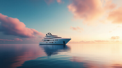 Luxury Yacht Gliding Through the Early Morning Sea with Blurred Horizon and Pastel-Colored Clouds Reflecting on the Water