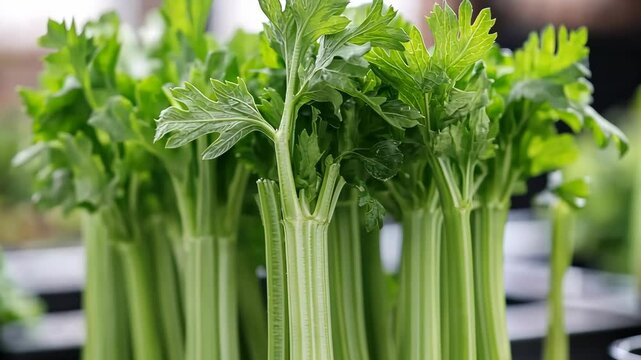 Freshly harvested celery displayed in a market stall, showcasing vibrant green stalks and crisp leaves