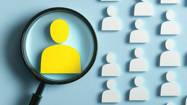 Human resources Magnifying glass focusing on yellow figure among white silhouettes, symbolizing individuality and attention to detail in minimalist design. Search job