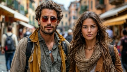 Fototapeta premium A young Italian couple posing on a city street in a trendy style