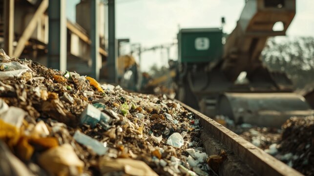 A closeup of a conveyor belt transporting sorted waste materials highlighting a mix of organic and recyclable items with machinery in the background that processes the waste into energyready