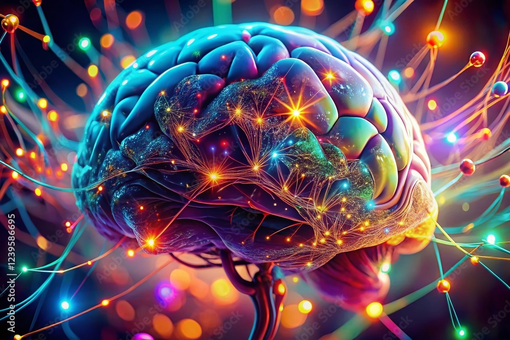 Poster abstract bokeh brain: neural network, artificial intelligence, digital mind, futuristic technology