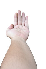 A singular human hand with fingers extended against stark black backdrop