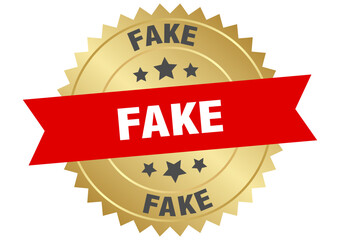 fake. fake round red and gold label isolated on transparent background
