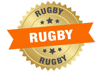 rugby. rugby round orange and gold label isolated on transparent background
