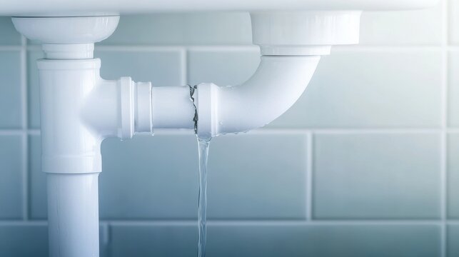A close-up view of a leaking white plastic pipe under a sink, with water droplets falling, highlighting plumbing issues.