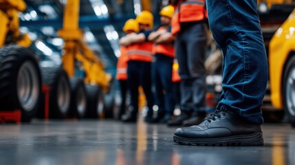 Obraz premium Worker in Safety Shoes Overlooking Industrial Warehouse with Team in Background Wearing Safety Gear