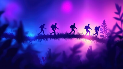 A group of silhouetted hikers traverses a vibrant, colorful landscape illuminated by purple and blue lights, blending nature with a dreamlike atmosphere.