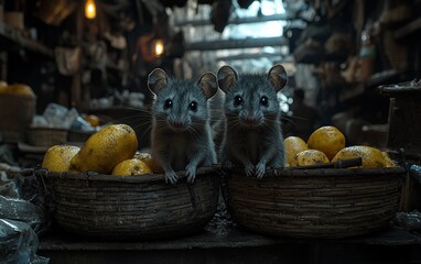 Two rats in baskets of mangoes at market