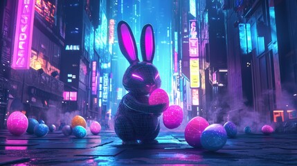 A neon bunny collects brightly colored eggs in a futuristic urban environment. The city glows with vibrant lights, creating a lively atmosphere during the Easter festivities