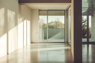 Fototapeta premium Sunlight streams into a minimalist room with large windows showcasing a tranquil outdoor view. The polished floor reflects the light, creating a serene atmosphere.