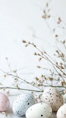 Obraz premium Soft hues of pastel colors characterize a modern Easter arrangement. Speckled eggs rest gently among delicate flowers, creating a serene, minimalist atmosphere perfect for the holiday