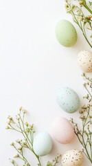 Fototapeta premium Colorful speckled eggs in soft pastels rest among delicate flowers on a clean white background, creating a serene and modern minimalist aesthetic perfect for Easter celebrations