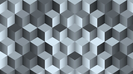 Seamless pattern of 3D cubes in varying shades of gray. Geometric background, ideal for textures, wallpapers, and design projects.