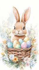 A fluffy bunny sits contentedly in a woven basket filled with colorful Easter eggs. Surrounding the basket are delicate wildflowers, creating a serene spring atmosphere