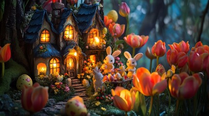 A magical Easter gathering unfolds with tiny bunnies decorating a charming cottage surrounded by vibrant tulips and hidden eggs, capturing the spirit of spring festivities