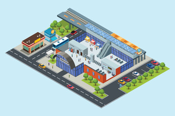 Isometric Train Station Public Transportation Vector Illustration