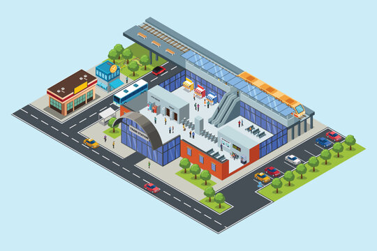 Isometric Train Station Public Transportation Vector Illustration