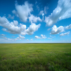 Fototapeta premium Endless Green Plain Under a Bright Blue Sky with Fluffy White Clouds and Gentle Breezes