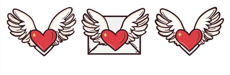 For Valentine's Day, enjoy a set of modern illustrations featuring a flying paper airplane, a cute letter with wings, and an envelope with hearts unfurled. Great for Valentine's Day gifts, logos,