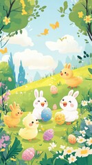Naklejka premium Five cheerful cartoon animals gather in a sunny meadow, joyfully painting Easter eggs while surrounded by blooming flowers and vibrant greenery. The delightful scene captures the spirit of spring
