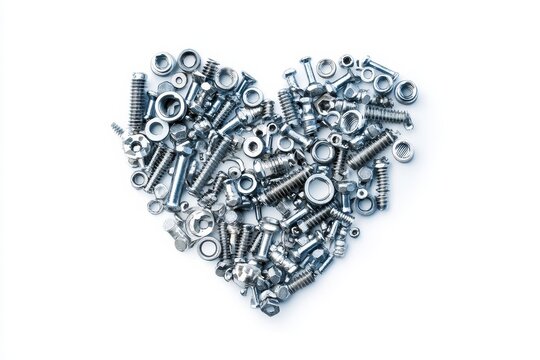 Ideal for celebrating Father's Day and wedding anniversaries  Father's Day and wedding anniversary design featuring a heart made from bolts and nuts on a white background  White background adorned